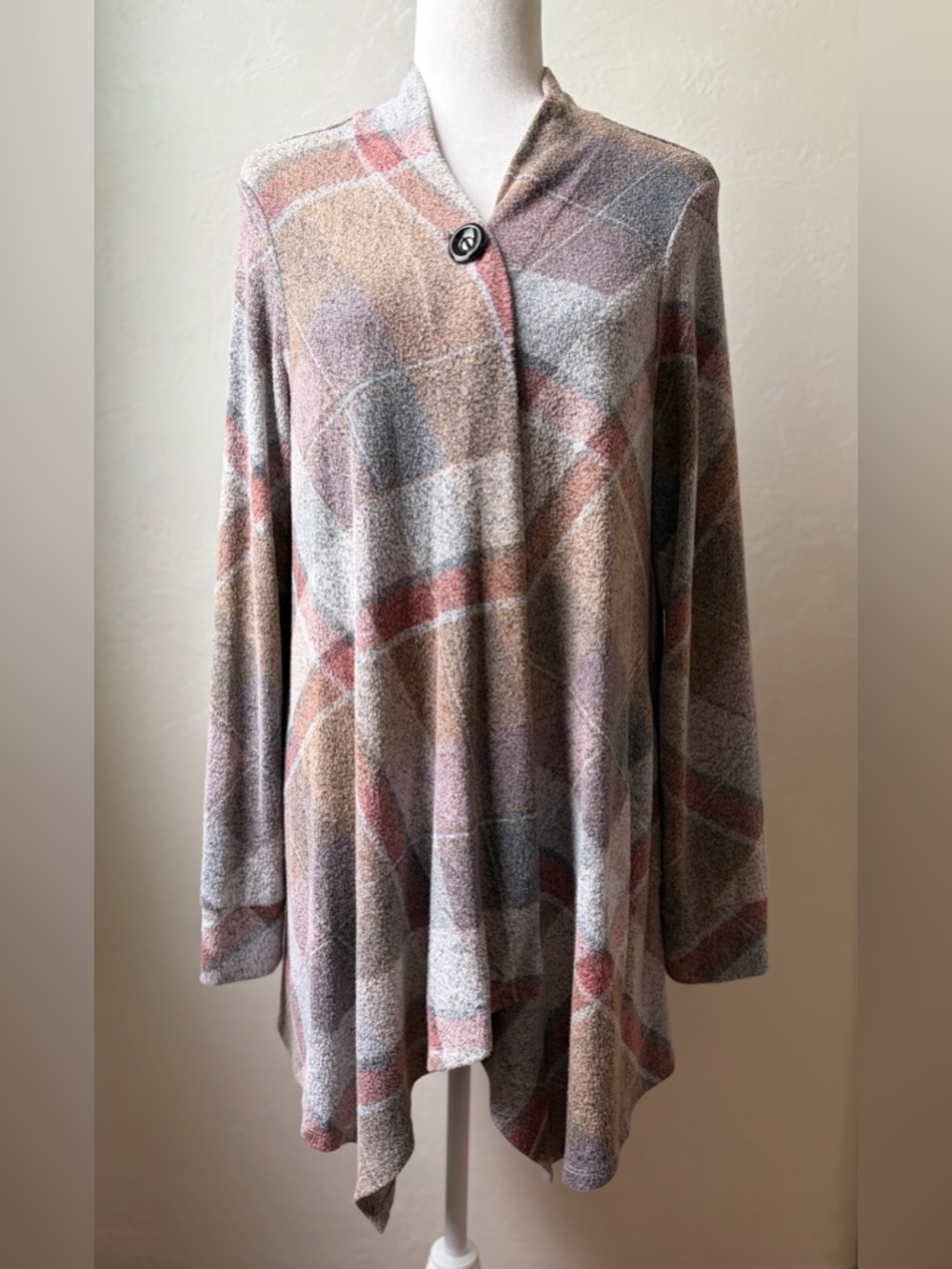 Soft Surroundings Plaid Knit Cardigan Drape Open Front Boho Cozy Pockets Size L